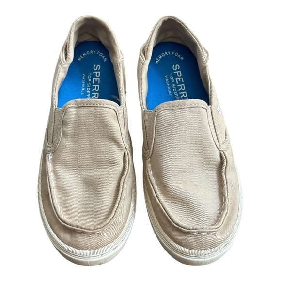 Kids Sperry canvas slip on boat shoes size 1M, rubber soles, beige. - Picture 1 of 6